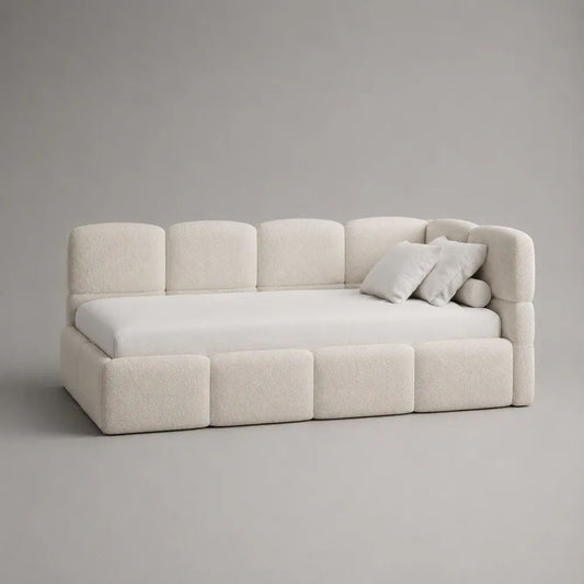Letto singolo imbottito con contenitore, 4 cassetti e rivestimento in tessuto bouclé bianco crema, superficie di riposo 90 × 200 cm