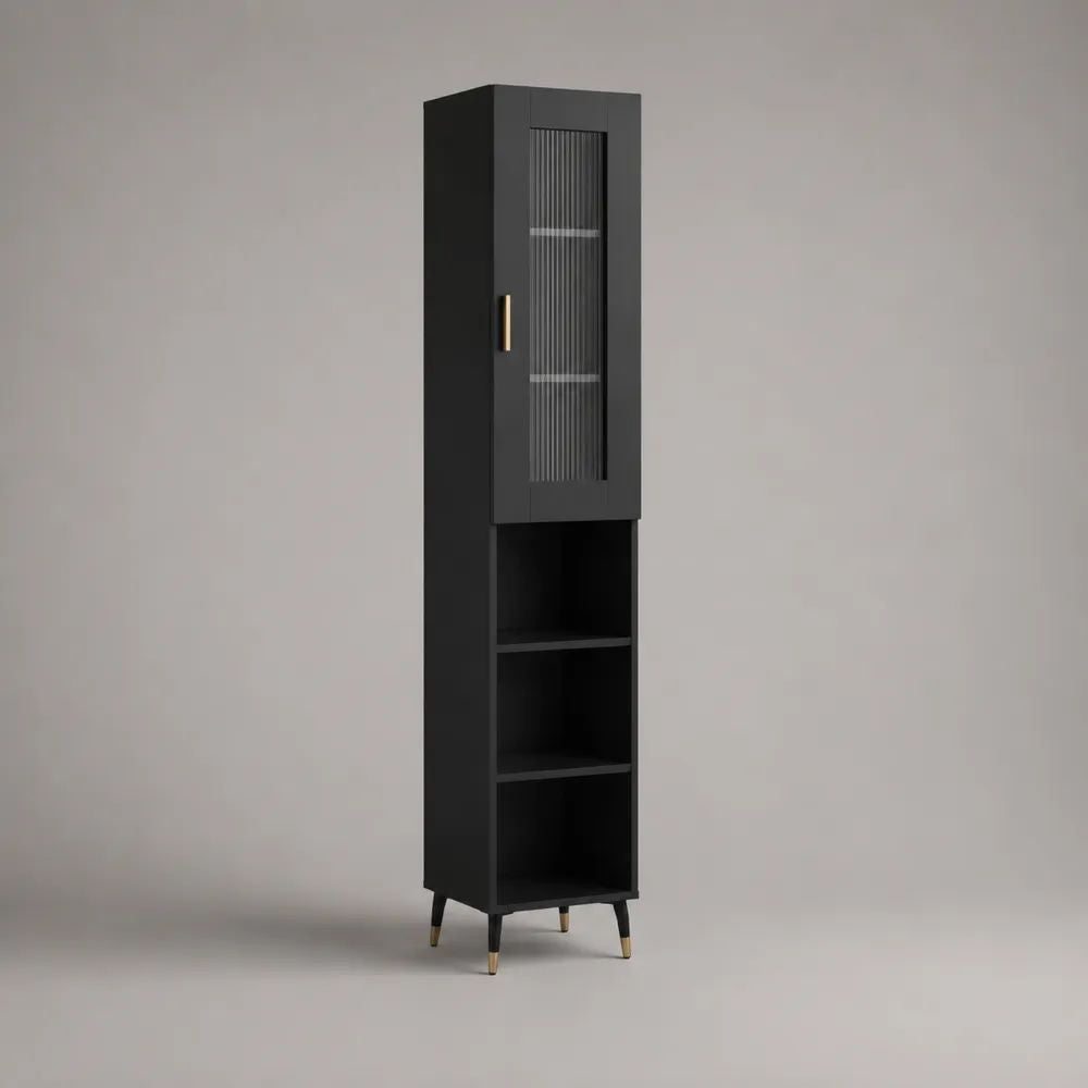 Mobile dispensa alto nero in MDF e vetro con anta e ripiani, 40 x 35 x 180 cm