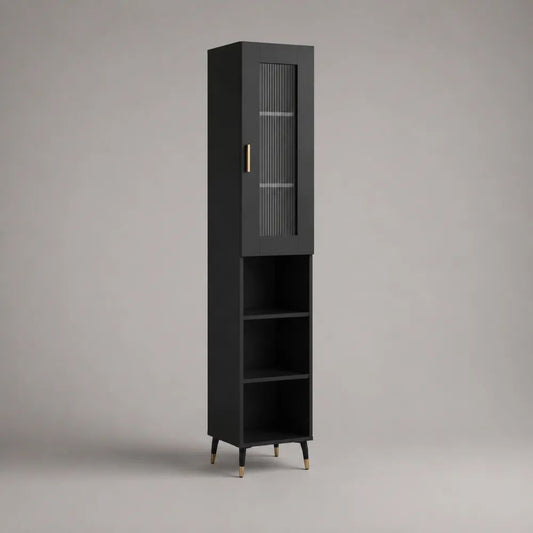 Mobile dispensa alto nero in MDF e vetro con anta e ripiani, 40 x 35 x 180 cm