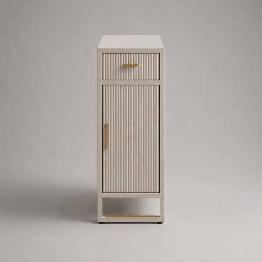 Credenza stretta rettangolare in legno scanalato con 1 anta, 1 cassetto e vano aperto, bianco e oro, 40 × 35 × 120 cm