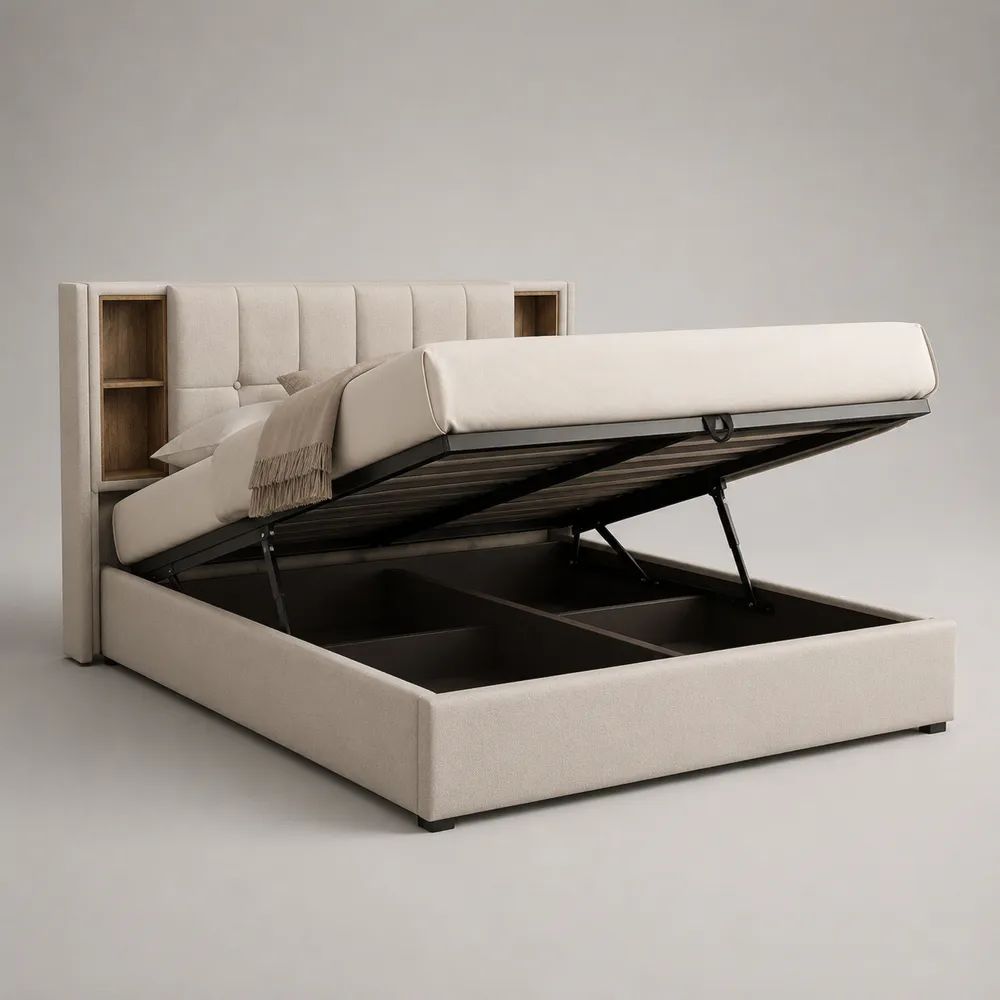 Letto matrimoniale contenitore 160 x 200 cm in tessuto bianco crema con testiera a vani e rete sollevabile