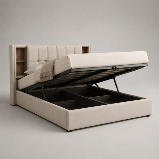 Letto matrimoniale contenitore 160 x 200 cm in tessuto bianco crema con testiera a vani e rete sollevabile
