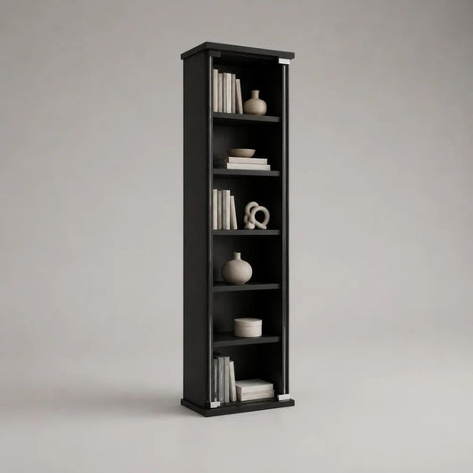 Libreria alta e stretta in pannelli di particelle melaminici e metallo, 6 vani, Nero/Argento, 40 x 30 x 180 cm