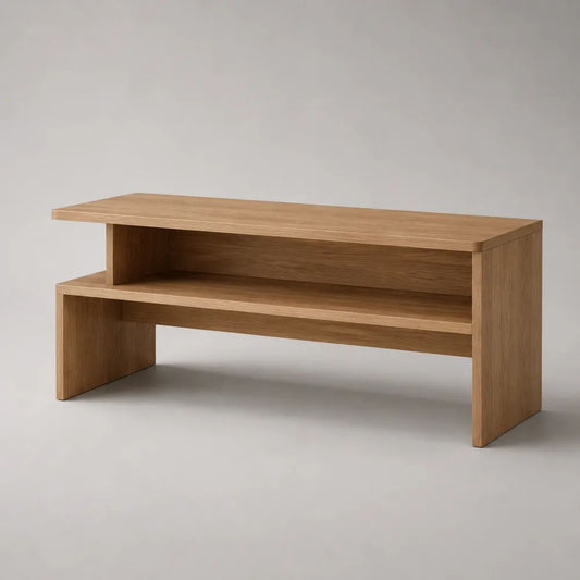 Tavolino rettangolare in MDF impiallacciato in rovere con vano aperto, rovere naturale, 110 x 50 x 48 cm