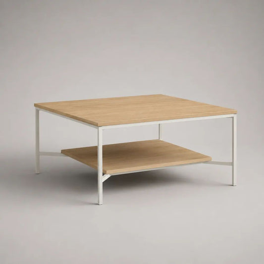 Tavolino da salotto quadrato con ripiano in MDF effetto rovere e telaio in acciaio bianco, 80 x 80 x 45 cm