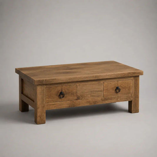 Tavolino rettangolare in legno massello di mango marrone naturale e nero con 2 cassetti, 90 x 50 x 45 cm